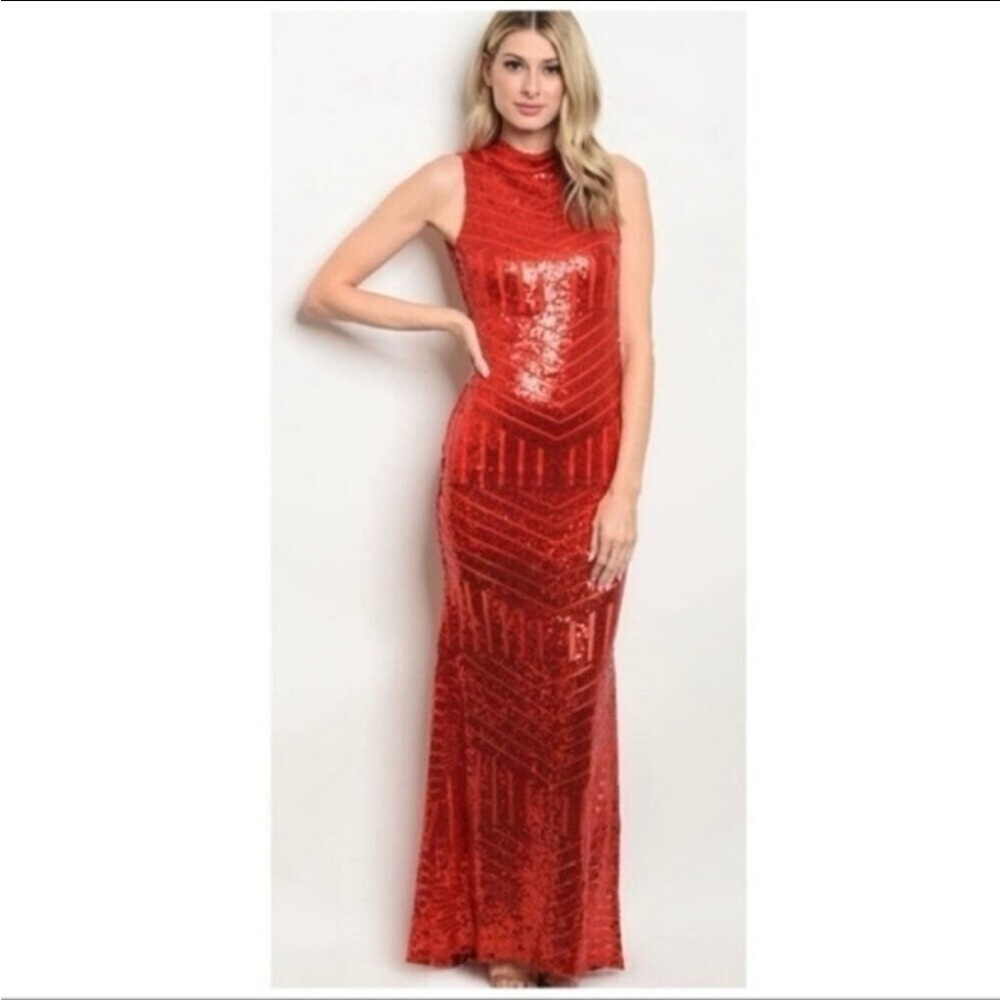 Red High Slit Open Back Maxi  Sequin Gown